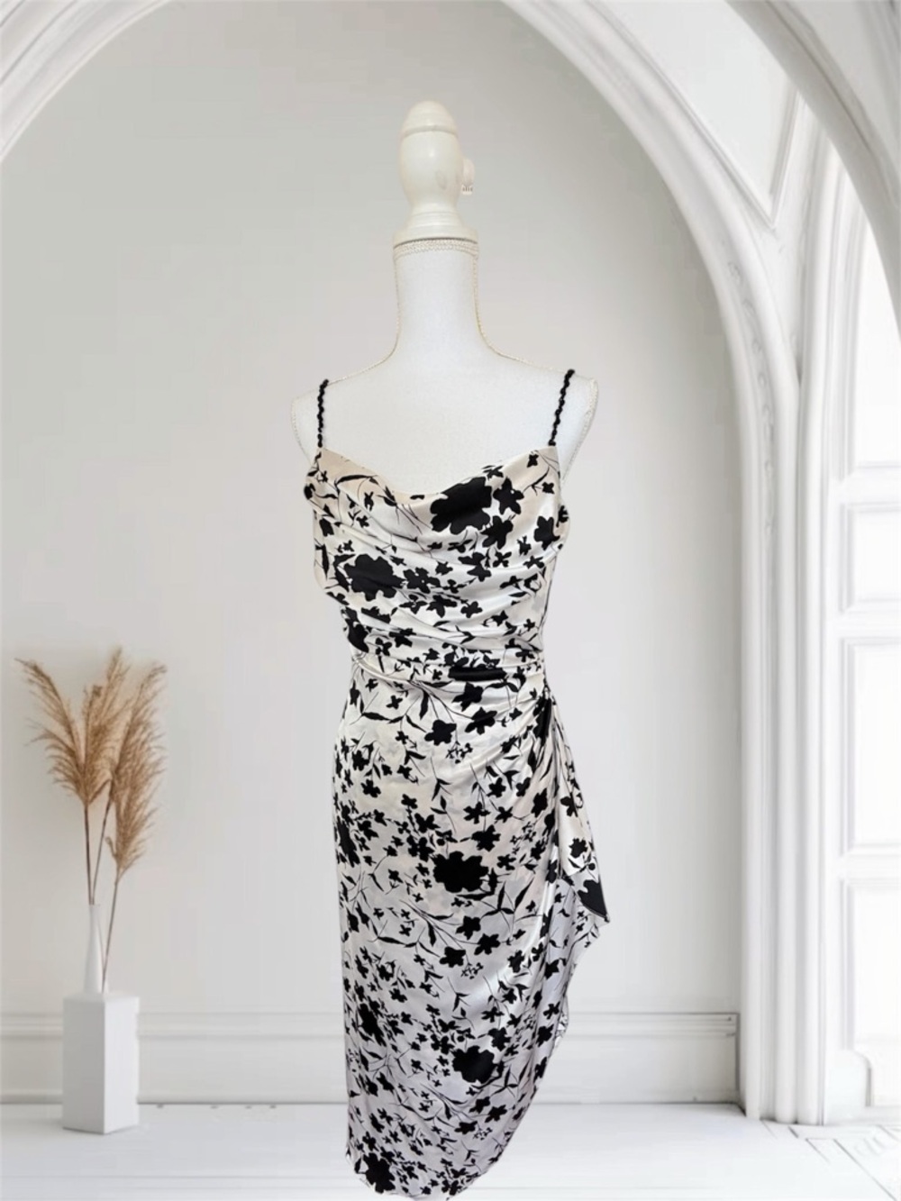 NWT Kay Unger 100% Silk Midi Gown - B&W Floral Cowl Neck - Size 8